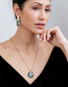 Moss Agate Gold Long Earrings | Exotic Gemstone Jewellery | Cathy Pope NZ