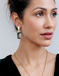Moss Agate Gold Long Earrings | Exotic Gemstone Jewellery | Cathy Pope NZ