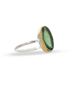 Green Hessonite Brass & Silver Oval Ring