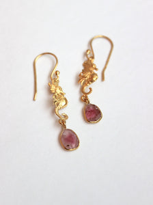Seahorse Earrings -Pink Tourmaline Gold