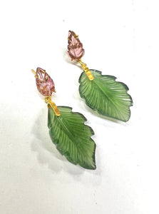 Pink Tourmaline & Serpentine Vintage Earrings