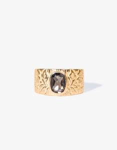 Smokey Quartz Engraved Gold Ring