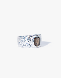 Smokey Quartz Engraved Silver Ring