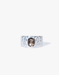 Smokey Quartz Engraved Silver Ring