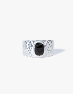 Black Onyx Engraved Silver Ring