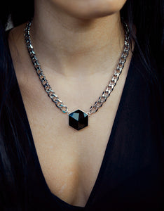 Onyx Silver Hexagon Necklace