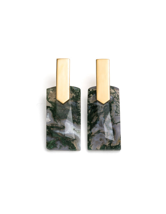 Moss Agate Gold Long Earrings | Exotic Gemstone Jewellery | Cathy Pope NZ