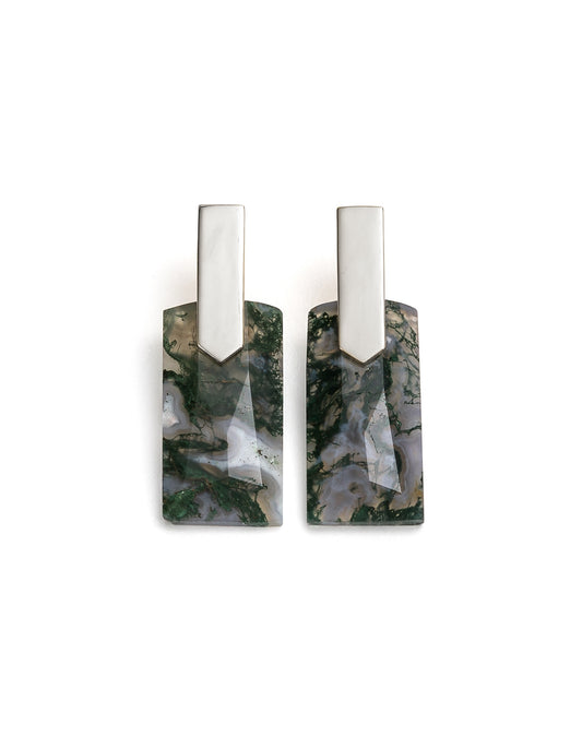 Moss Agate Silver Long Earrings | Exotic Gemstone Jewellery | Cathy Pope NZ