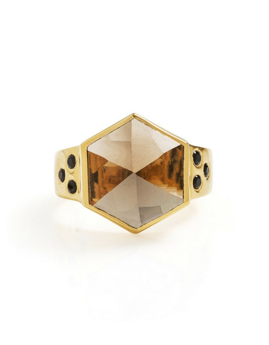 smokey quartz ring, smokey quartz, hexagon ring, gold ring, gemstone ring, gemstone jewellery, cathy pope jewellery, unique jewellery, nz design