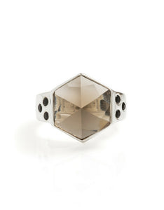 smokey quartz ring, smokey quartz, hexagon ring, silver ring, gemstone ring, gemstone jewellery, cathy pope jewellery, unique jewellery, nz design